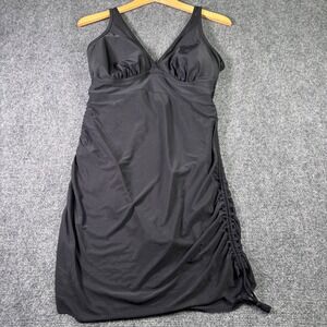 LB Swim Dress Women Large Black Ruched Side Drawstring V-Neck Adjustable Straps